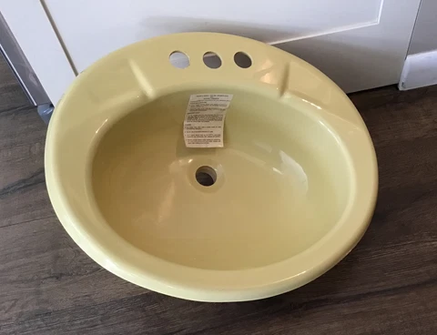 NOS NEW PLASTIC Yellow Oval Drop in Bathroom Sink 3 Hole Mid Century Modern MCM Cover