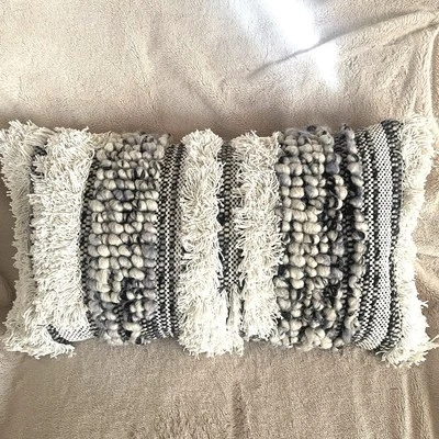 Arhaus Boho Blue Cream Stripe Lumbar  Pillow Chunky 24”x 14” Down Feather Insert - Image 1 of 4