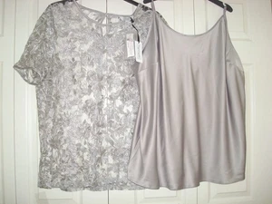 ~ NIGHTINGALES 2pc ~ S/S Lace TOP & Satin CAMI 54" Bust Silver 26 BNWT £49 - Picture 1 of 10
