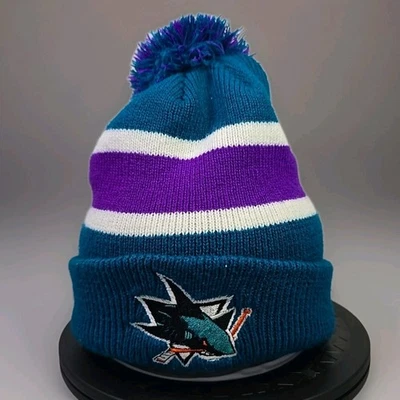 Vintage San Jose Sharks Knit Pom Beanie – Teal/Purple/White – 1990s Style – Used - Image 1 of 4
