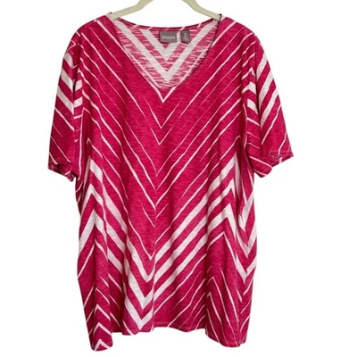 Camiseta de algodón para mujer Chicos XL rosa blanco a rayas Chevron cuello en V manga corta Foto 1 de 4