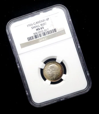🌈 1926 Great Britain 6 Pence George V Small Bust NGC MS65 Rainbow Tone - Image 1 of 4