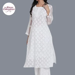 White Georgette Chikankari Kurti Sharara Set | Hand Embroidered Women’s Outfit - Picture 1 of 9