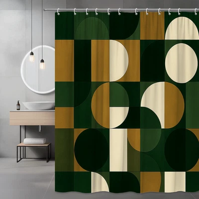 Cortina de ducha geométrica verde y beige para baños modernos Foto 1 de 4