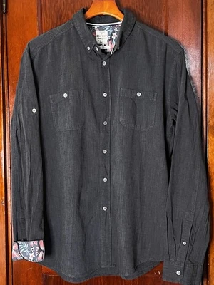 ESPRIT DK GRAY COTTON FLAX L/S SHIRT SLIM FIT FLORAL FLIP CUFFS XL - Image 1 of 4