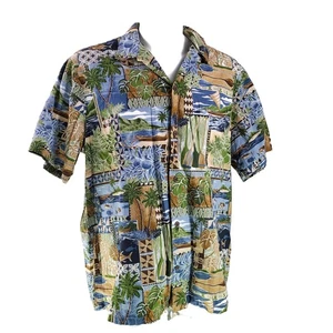 RJC Hawaiian Aloha Shirt 2X Floral Outrigger Boats Fish Palm Trees - Picture 1 of 6