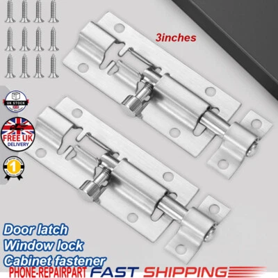 2PCS 3" Silver SLIDE BOLT Bathroom Toilet Shed Door Lock Catch Latch + Screws - Image 1 of 4