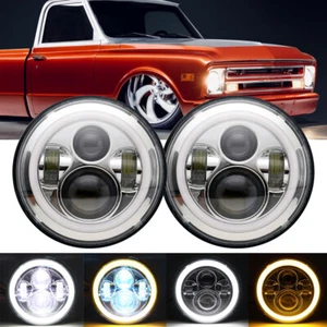 7 inch Chrome LED Headlight Hi Lo Beam with Halo Angel Eye for Chevy C10 C20 C30 - Picture 1 of 12