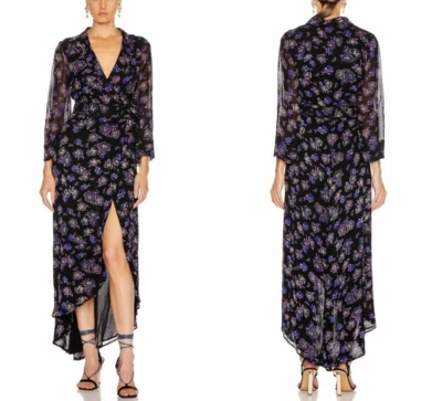 NWT GANNI Floral Georgette Maxi Wrap Dress in Black/Purple Size 36 (US4) $270 - Image 1 of 4