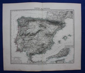 SPAIN, PORTUGAL, IBERIAN PENINSULA, BALEARICS original antique map, Stieler 1880 - Picture 1 of 6