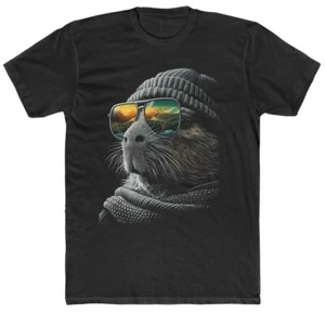 CAPYBARA WEARING SUNGLASSES WITH A KNITTED BEANIE, MEN'S COTTON CREW TEE T-SHIRT - Picture 1 of 7