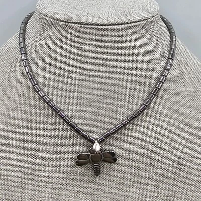 Hematite Dragonfly Necklace Small Pendant Beaded Chain Barrel Clasp 16" - Image 1 of 4