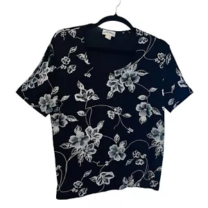 Frazier Lawrence Womens Top 2X Black Floral Short Sleeve Slinky Travel Knit - Picture 1 of 7