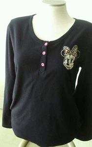 Disney Minnie Mouse sz L Womens Animal Print Bow Sleepwear -Black Long Sleeves - Picture 1 of 9