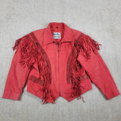 Jaqueta de couro vintage Pioneer Wear feminina XL vermelha zíper completo casaco franja ocidental - Imagem 1 de 4