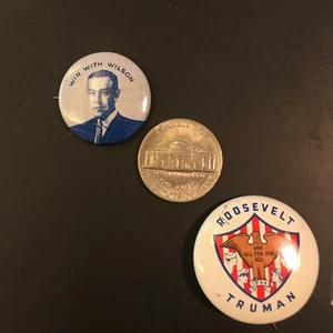 Paar Reproduktionen Präsidentschaftskampagne Knöpfe Wilson Roosevelt Truman - Bild 1 von 3