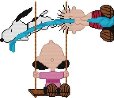 CROSS STITCH+ CRAFT PATTERN Lucy Van Pelt Linus Snoopy Dog Swing Blue Blanket - Image 1 of 4