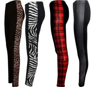 Ladies Side Panel Tartan Zebra PVC Leopard Print Leggings Pants Plus Size 8-22 - Picture 1 of 5