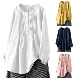 Women's Solid Cotton Linen Long Sleeve Tunic Tops T-Shirt Baggy Blouse Plus Size - Picture 1 of 19