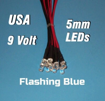 10 FLASHING LEDS 5mm PRE WIRED 9 VOLT ~ BLUE FLASH ~ 9V BLINK PREWIRED