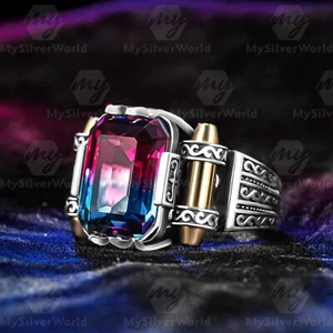 925 Sterling Silver Octagon Tourmaline Stone Turkish Men's Ring - Picture 1 of 3