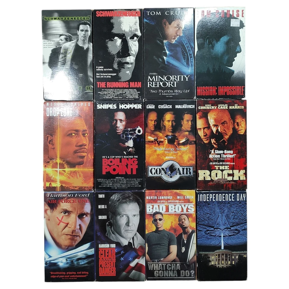 VHS Tapes Lot of 12 Movies Action Eraser Independence Day Bad Boys Con Air Rock Foto 1 de 4
