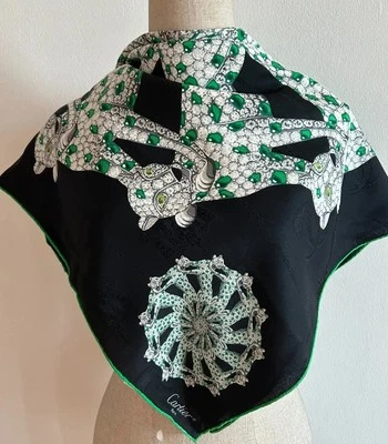 Cartier Emerald Green Panthere scarf black silk 33 inches with box - Image 1 of 4