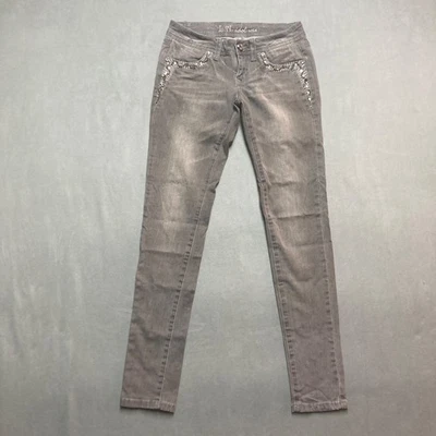 LA Idol Jeans Womens 3 Gray Low Rise Skinny Stretch Denim Rhinestone Bling - Image 1 of 4