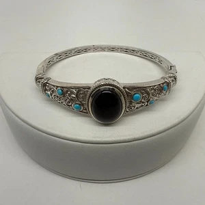 STS Sterling Silber 925 Klapp Armreif Armband Schwarz Onyx Türkis Cabs signiert - Bild 1 von 7