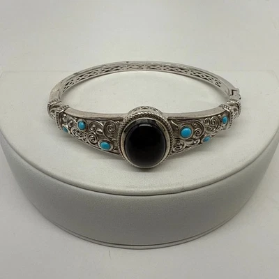 STS Sterling silver 925 Hinged Bangle Bracelet black onyx turquoise cabs signed - Image 1 of 4