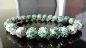 Green Spotted River Stone Bead Bracelet for Men on Stretch 8mm - 8" inch - Picture 1 of 6