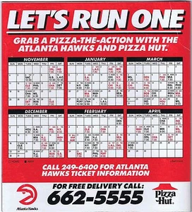 1990-91 ATLANTA HAWKS NBA BASKETBALL MAGNET SCHEDULE - PIZZA HUT - Picture 1 of 1