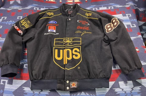 Rare JH Design Mens Black Cotton Dale Jarrett NASCAR UPS Racing Jacket XL 88 Vtg Cover
