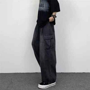 2025 Spring Autumn Men Baggy Jeans Men Wide Leg Pants Big Pockets Elastic Waist - Picture 1 of 26