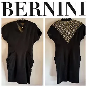 Designer Bernini Italy Black Dress Gold Sequence Detail Unique Pockets Medium - Picture 1 of 16