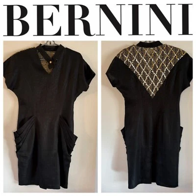 Vestido negro de diseñador Bernini Italia detalle de secuencia dorado bolsillos únicos mediano Foto 1 de 4
