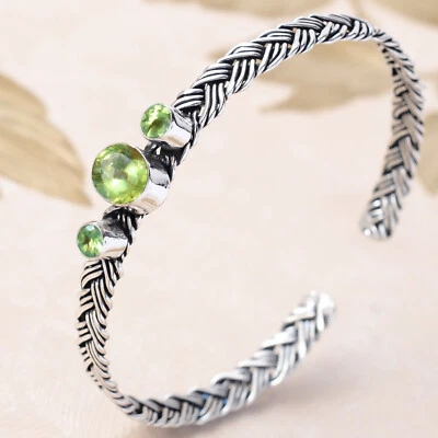 Green Peridot Cut Gemstone Bangle 925 Sterling Silver Handwork Gift Bracelet - Image 1 of 4