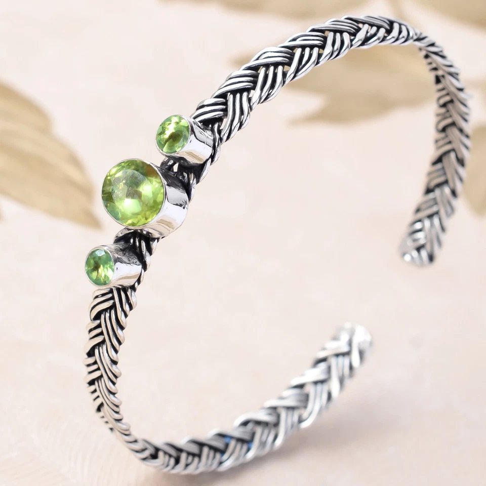 Green Peridot Cut Gemstone Bangle 925 Sterling Silver Handwork Gift Bracelet - Image 1 of 4