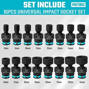 DURATECH 3/8" Drive 16 Pieces Shallow Universal Impact Swivel Socket Set Metric - Picture 1 of 8