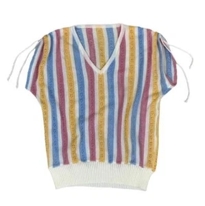 VTG 80S SHORT SLEEVED V-NECK COLOURFUL STRIPED PATTERN KNITTED TOP M 12 - Picture 1 of 6
