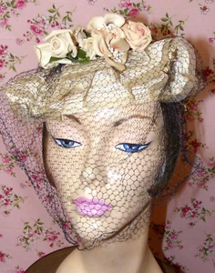 30s Straw Hat Flowered Bonnet Netted Face Fine Straw Ruffled Edge 30s Millinery - Picture 1 of 14
