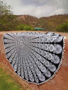 Peacock Mandala Black And White Round Tapestry Hippie Dorm Throw Decor Home 72" - Picture 1 of 4