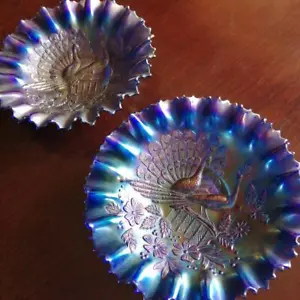 carnival glass peacock pattern pair bowls dessert plate 2 pieces diameter9.2" - Picture 1 of 3