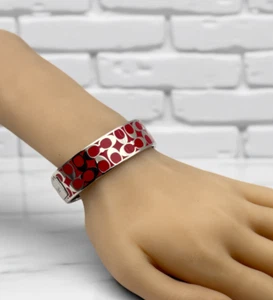 Coach Vintage Signature C Red Silver Enamel Hinged 3/4 inch Bangle Bracelet - Picture 1 of 4