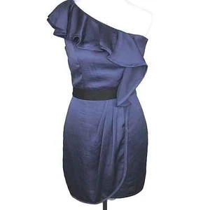 BCBGeneration Dress Womens 0 Blue Black One Shoulder Ruffle Front Party - Picture 1 of 5