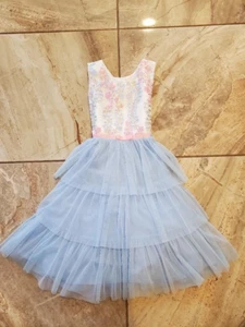 Girls Jona Michelle  Blue Pink White Flower Embroidered Tulle Dress Bow Tie Ruf - Picture 1 of 7