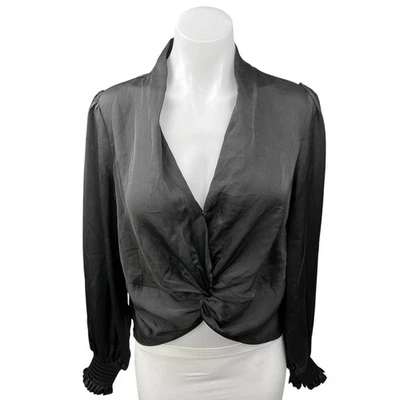 AQUA Black Silk Satin Long Sleeve Smocked Cuffed Deep V Neck Blouse Top Size S - Image 1 of 3