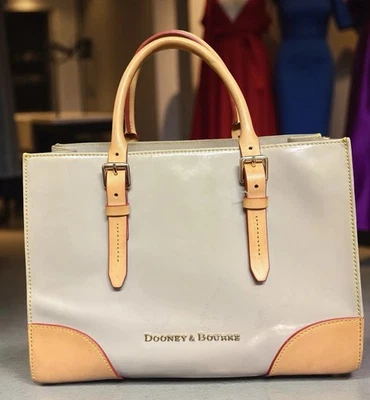 Dooney Bourke Taupe Brown Patent & Vacchetta Leather Janine Satchel Bag Purse - Image 1 of 4