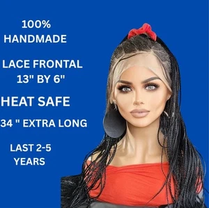 Handmade 34" Braided Lace Front Wig 13x6 Full Lace Frontal Jet Black #1 Heat Saf - Picture 1 of 17