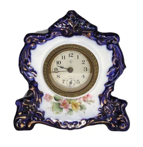 Antiguo reloj azul flujo ~ Gilbert Clock Co Conn ~ porcelana estampada con mirto - Imagen 1 de 12